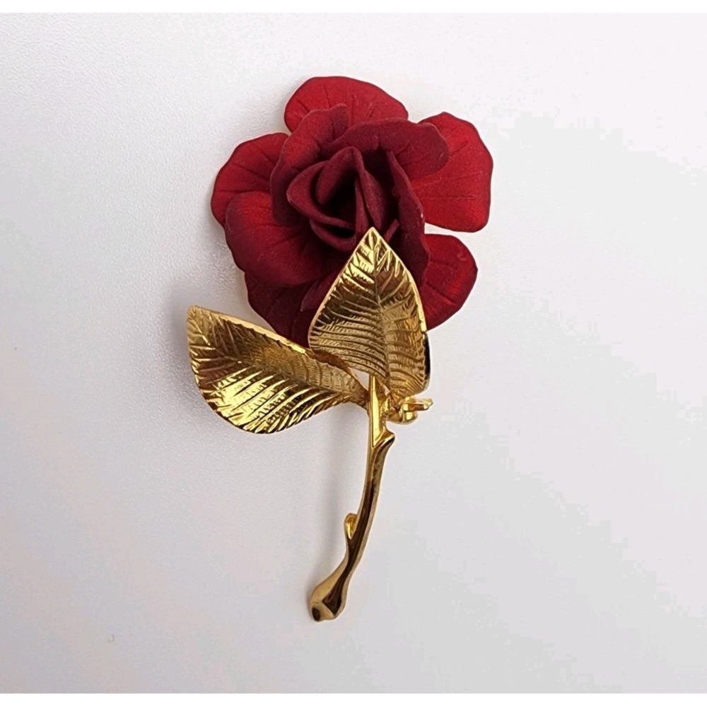 Vtg Cerrito Long Stem Red Rose Brooch Pin Signed Gold Tone Delicate Flower